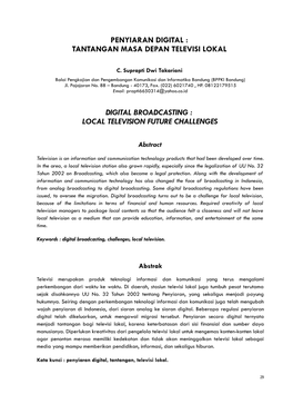 Penyiaran Digital : Tantangan Masa Depan Televisi Lokal Digital Broadcasting : Local Television Future Challenges