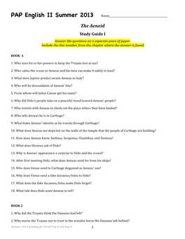 The Aeneid Study Guide I Answer the Questions on a Separate Piece of Paper