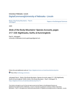 Birds of the Rocky Mountains—Species Accounts, Pages 217–228: Nighthawks, Swifts, & Hummingbirds