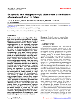 Enzymatic and Histopathologic Biomarkers As Indicators of Aquatic Pollution in Fishes