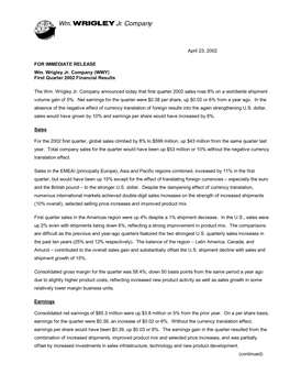 (WWY) First Quarter 2002 Financial Results the Wm. Wrigley Jr. Comp