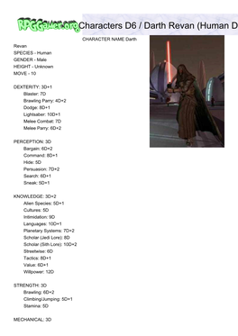 Characters D6 / Darth Revan (Human Dark Lord of the Sith)