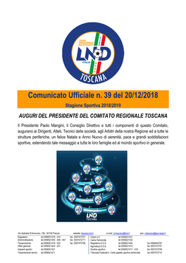 Comunicato Ufficiale N. 39 Del 20/12/2018