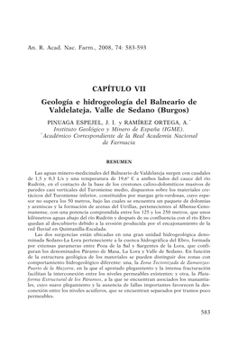 CAPÍTULO VII Geología E Hidrogeología Del Balneario De Valdelateja. Valle De Sedano (Burgos)