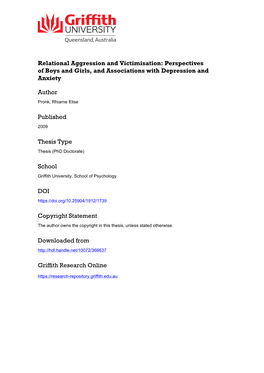 Relational Aggression and Victimisation: Perspectives of Boys and Girls, and Associations with Depression and Anxiety