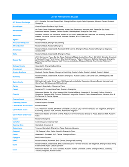 LIST of PARTICIPATING BRANDS A/X Armani Exchange ATC, Glorietta, Rockwell Power Plant, Shangri-La Plaza, Ayala Cebu Expansion, A