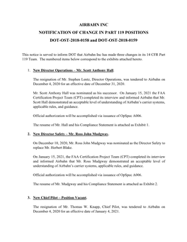 AIRBAHN INC NOTIFICATION of CHANGE in PART 119 POSITIONS DOT-OST-2018-0158 and DOT-OST-2018-0159