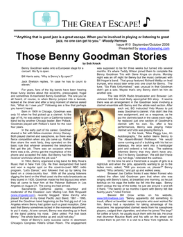 Those Benny Goodman Stories by Bob Knack Benny Goodman Walks Onto a European Stage for a Was Supposed to Be for Three Weeks but Turned Into Several Concert