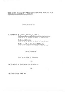 Education and National Development in Post-Independent Mauritius in an International Perspective - 1968-1982