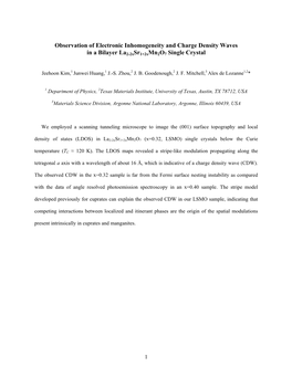 Observation of Electronic Inhomogeneity and Charge Density Waves in a Bilayer La2-2Xsr1+2Xmn2o7 Single Crystal