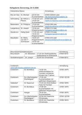 Heiligabend, Donnerstag, 24.12.2020 Hohenloher Ebene Anmeldung Rot