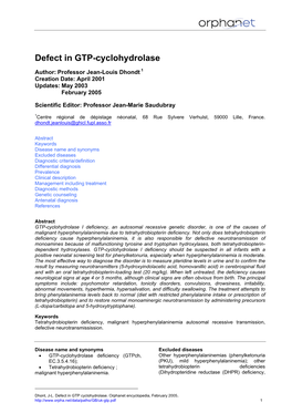 Defect in GTP-Cyclohydrolase