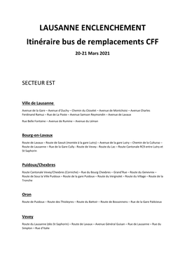 LAUSANNE ENCLENCHEMENT Itinéraire Bus De Remplacements CFF 20-21 Mars 2021