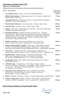 School Buses on Monday April 5, 2021 Classes X, XI, XII & Staff