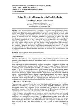 Avian Diversity of Lower Shivalik Foothills, India