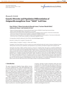 Research Article Genetic Diversity and Population Differentiation of Guignardia Mangiferae from “Tahiti” Acid Lime