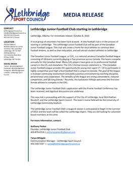 Media Release Lethbridge Sport Council Football October 2020