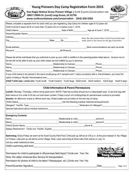 Young Pioneers Day Camp Registration Form 2016 Dan Nagle Walnut Grove Pioneer Village a Scott County Conservation Site 18817 290Th St