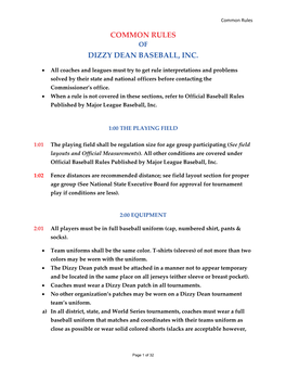 Common Rules Dizzy Dean Baseball, Inc