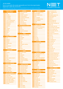 Nova Numeração Dos Canais Agrupados Por Tema De Programação, Disponível a Partir De 12/12/13. Mudança Válida Nas Tecnologias Digital E HD