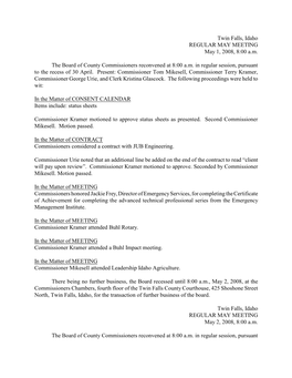 Twin Falls, Idaho REGULAR MAY MEETING May 1, 2008, 8:00 A.M