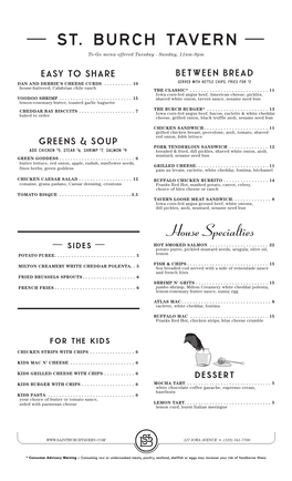 ST. BURCH TAVERN — To-Go Menu Offered Tuesday - Sunday, 11Am-8Pm