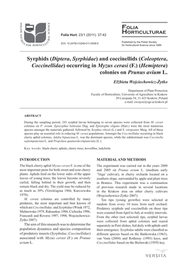 Diptera, Syrphidae) and Coccinellids (Coleoptera, Coccinellidae) Occurring in Myzus Cerasi (F.) (Hemiptera) Colonies on Prunus Avium L