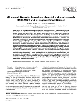 Sir Joseph Barcroft, Cambridge Placental and Fetal Research (1933-1966) and Inter-Generational Science