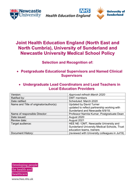 University of Sunderland and Newcastle University Medical School Policy