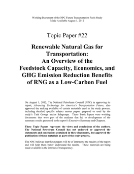 Renewable Natural Gas for Transportation: an Overview of the Feedstock Capacity, Economics, and GHG Emission Reduction Benefits of RNG As a Low-Carbon Fuel