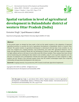 Spatial Variation in Level of Agricultural Development in Bulandshahr District of Western Uttar Pradesh (India)