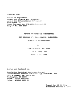 Office of Population Bureau for Science and Technology Agency for International Development Washington, DC Under Contract No