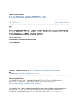Sustainable for Whom? Green Urban Development, Environmental Gentrification, and the Tlantaa Beltline