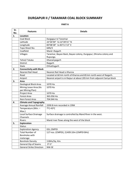 Durgapur Ii / Taraimar Coal Block Summary