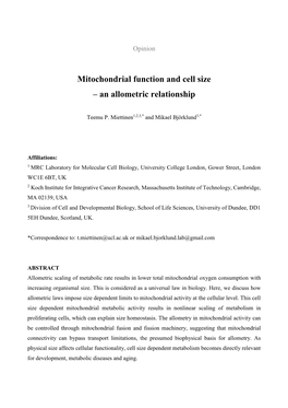 Mitochondrial Function and Cell Size – an Allometric Relationship