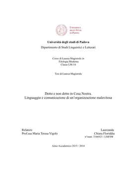 Detto E Non Detto in Cosa Nostra. Linguaggio E Comunicazione Di Un’Organizzazione Malavitosa