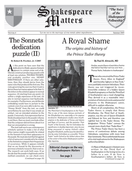 Summer 2005 the Sonnets a Royal Shame Dedication the Origins and History of Puzzle (II) the Prince Tudor Theory