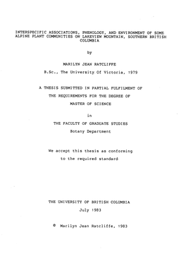Interspecific Associations, Phenology, and Environment of Some Alpine Plant Communities on Lakeview Mountain, Southern British Columbia