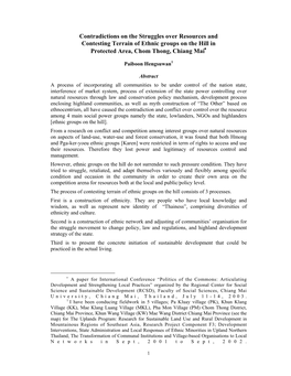 Contradictions on the Struggles Over Resources and Contesting Terrain of Ethnic Groups on the Hill in Protected Area, Chom Thong, Chiang Mai∗