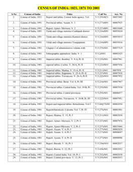 Census of India: 1821, 1871 to 2001