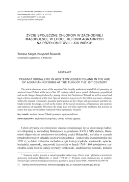 Życie Społeczne Chłopów W Zachodniej Małopolsce W Epoce Reform Agrarnych Na Przełomie XVIII I XIX Wieku*