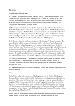 The 1980S Frank Grimes – Philip Franks in a Letter to Christopher Isherwood in 1981, the Director Lindsay Anderson Wrote: 'F