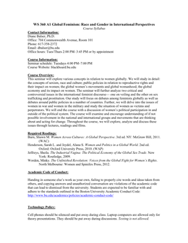 WS 360 A1 Global Feminism: Race and Gender in International Perspectives Course Syllabus Contact Information: Diane Balser, Ph.D