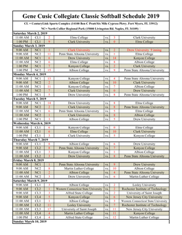 Gene Cusic Collegiate Classic Softball Schedule 2019 CL = Centurylink Sports Complex (14100 Ben C Pratt/Six Mile Cypress Pkwy