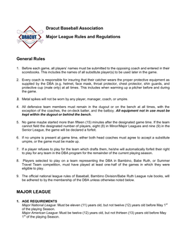 Dracut Baseball Association Major League Rules and Regulations