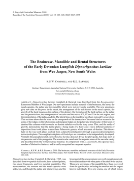 The Braincase, Mandible and Dental Structures of the Early Devonian Lungfish Dipnorhynchus Kurikae from Wee Jasper, New South Wales