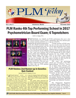 PLM Ranks 4Th Top Performing School in 2017 Psychometrician Board Exam; 6 Topnotchers Edith G