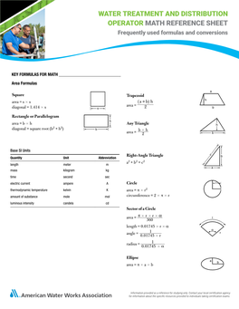 Water Treatment and Distribution Operator Math Reference Sheet