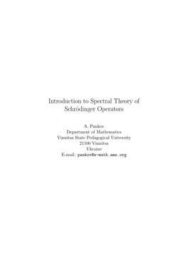 Introduction to Spectral Theory of Schrödinger Operators