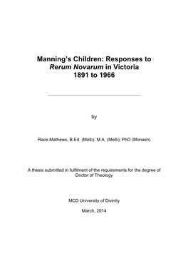 Manning's Children: Responses to Rerum Novarum in Victoria 1891 To
